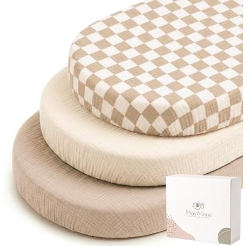 3 Pack Muslin Bassinet Sheets for Babies, Soft & Breathable 100% Cotton Fitted Sheets for Oval, Rectangle, Hourglass Bassinet Mattress Pads (Milky Coffee)