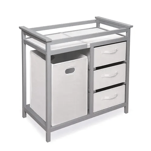 Badger Basket Modern Baby Changing Table - Nursery Furniture with Laundry Hamper and 3 Storage Drawers - Diaper Changing Station with Safety Belt, Changing Pad, and Organizer Baskets - Gray and White