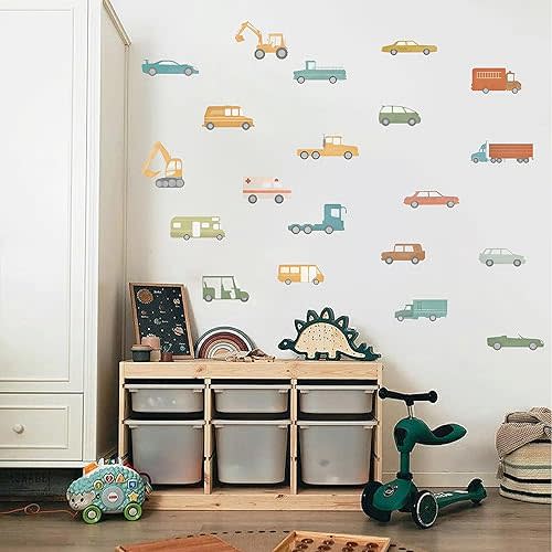 Car and Truck Wall Decals - Nursery Decor, Watercolor Wall Art, Kids Room Decal, Transportation Wall Stickers (Car Wall Deco)