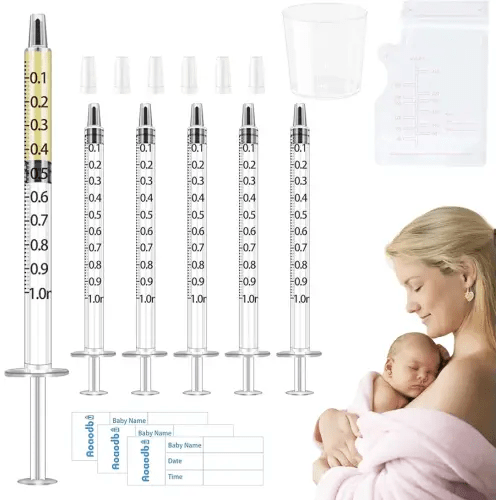 Colostrum Collector Kit Include 100pcs 1ml Sealed Breast Milk Collector No Needle Colostrum Syringes 5 Breastmilk Storage Bags and 1 piece 30 ml measuring cup with 100 Stickers