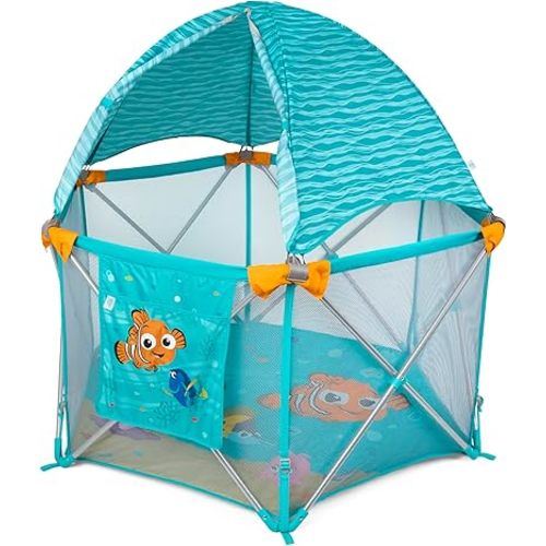 Disney Baby Finding Nemo Pop 'N Play Deluxe Portable Playard by Bright Starts, Pop-and-Fold, Baby Beach Tent, UVA/UVB Protection, Indoor/Outdoor, 6 Months+