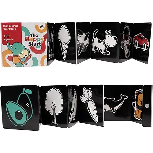 Happy Start High Contrast Board Book: Easy to Clean - Hospital Approved - Stands on Its Own - Tummy Time Toys - Black and White High Contrast Baby Toys - Ages 0+ (English)