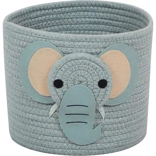 T&T Homewares Small Cotton Rope Baskets with Safari Theme Design for Baby Diaper Organizer, Nursery Storage, Nursery Room Decor, Kids Room Organizer, Cat Dog Toy Storage (Small Elephant)