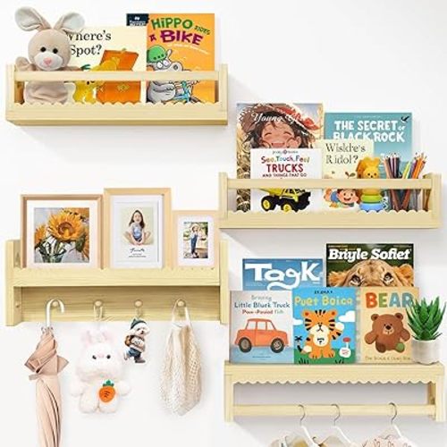 Idefair 16.5 Inch Floating Nursery Book Shelves Set of 4, Kid's Bookshelf for Wall, Natural Wood Toddler Room Decor and Storage Hanging Organizer