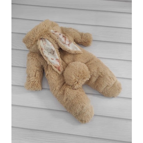 Beige Bunny Baby Romper / Bodysuit – Newborn (Preemie, 0-3 M, 3-6 Months, 6-9M) – Soft Faux Fur & Cotton.