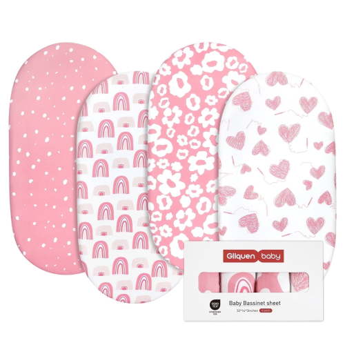 "Gllquen Premium Baby Bassinet Sheets Set, 4 Pack, Ultra-Soft Fitted for Newborn Girls 32""X16"", Pink Heart"