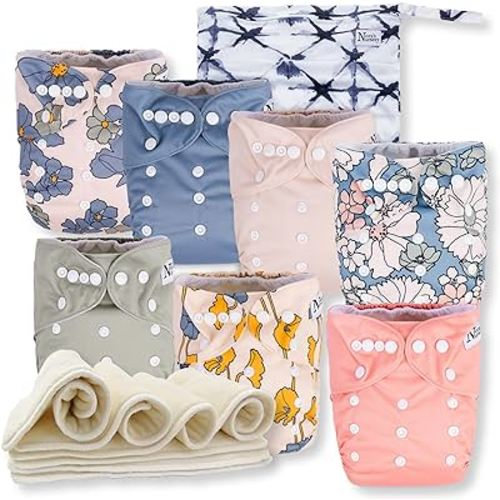 Nora's Nursery Cloth Diapers 7 Pack with 7 Inserts & 1 Wet Bag - Waterproof Cover, Washable, Reusable & One Size Adjustable Pocket Diapers for Newborns and Toddlers - Delilah