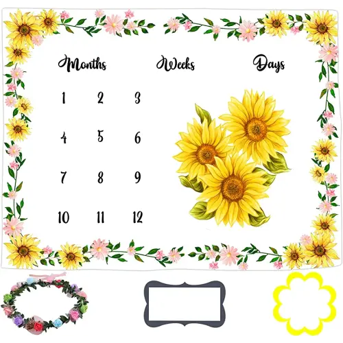 Baby Monthly Milestone Blanket, Sunflower Months Blanket for Neutral Newborn Baby Shower, Includes Wreath and Frame 60"x40" BTLSLY10