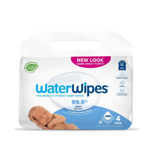 WaterWipes Original 99.9% Water Based Baby Wipes, Unscented, 4 Resealable Packs (240 Wipes) (Select for More Options)