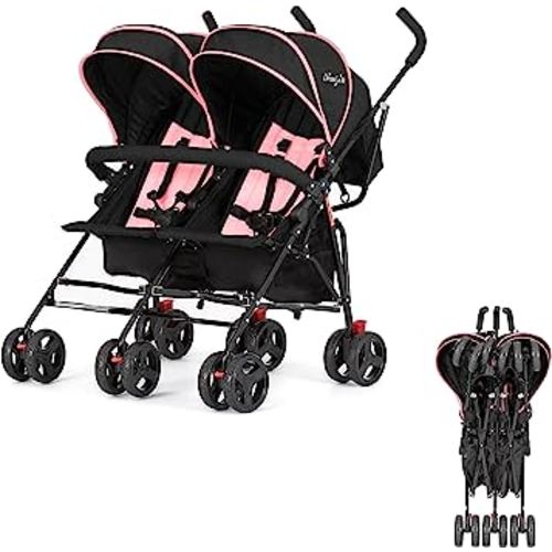 Volgo Twin Umbrella Stroller in Pink, Lightweight Double Stroller for Infant & Toddler, Compact Easy Fold, Large Storage Basket, Large and Adjustable Canopy