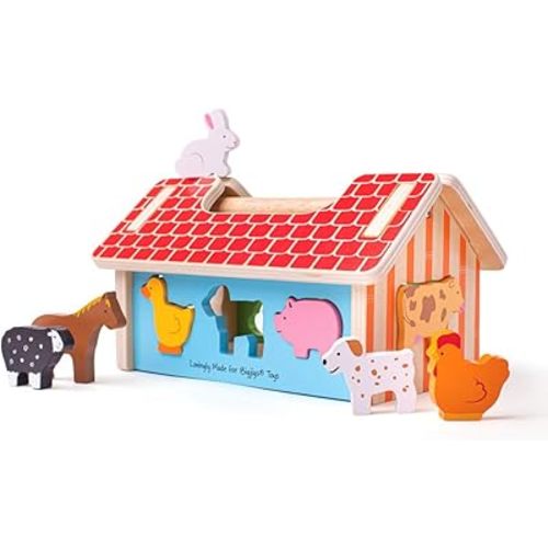 Bigjigs Toys Farm House Shape Sorter - Classic Wooden Toy with 8 Animal Shapes, BB108