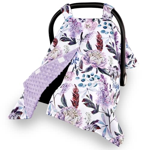 HNHUAMING Car Seat Cover Baby, Infant Car Seat Canopy Covers for Newborn Girls Boys, Soft Breathable Mink Carseat Covers Stretchy Multi-Use Nursing Cover for Stroller Baby Car Seat, Purple Flroal