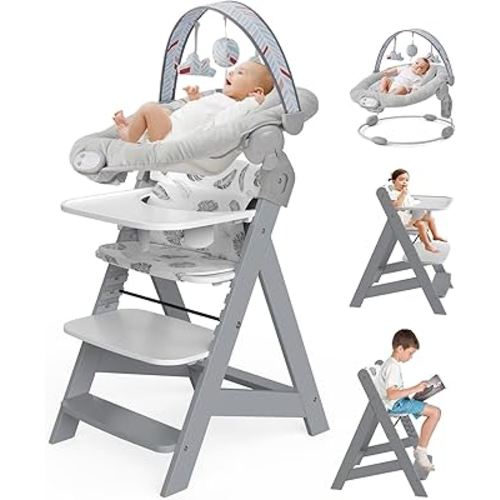 Wooden High Chair with Baby Bouncer - Convertible Baby Highchair with Tray - Adjustable High Chair for Babies/Toddlers/6 Months - Water Resistant Natural Wood Grey