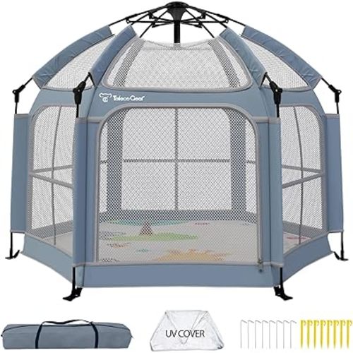 Baby Playpen with Canopy, Portable Indoor & Outdoor for Baby and Toddler, Foldable Pop up Playpen with Mat, Play Yard with Travel Bag, 6 Ground Stakes, 6 Sand Stakes