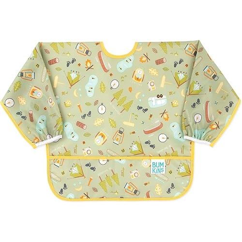 Bumkins Sleeved Bib for Girl or Boy, Baby and Toddler for 6-24 Mos, Essential Must Have for Eating, Feeding, Baby Led Weaning, Long Sleeve Mess Saving Food Catcher, Soft Fabric, Camp Gear Green