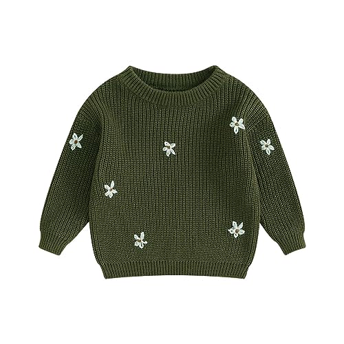 Baby Girl Cable Knit Sweater Long Sleeve Boho Floral Embroidery Oversized Sweatshirt Warm Fall Winter Clothes