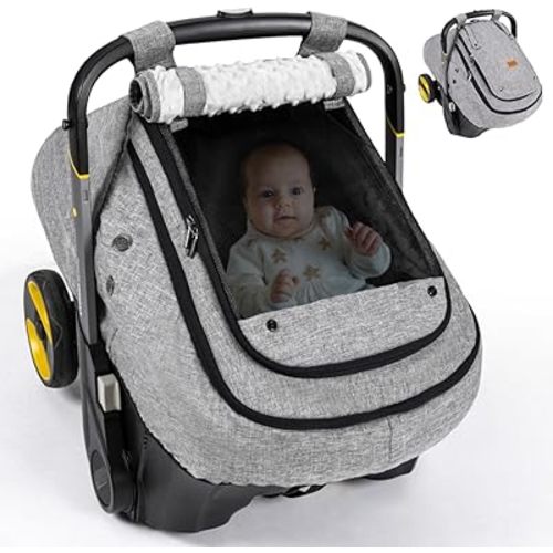 Bioby Baby Car Seat Cover, Infant Car Seat Cover for Boy Girl, Roomy Cozy Waterproof Windproof Sun Protection Baby Carseat Covers Canopy with Breathable Net and Holes, Universal Fitted Gray