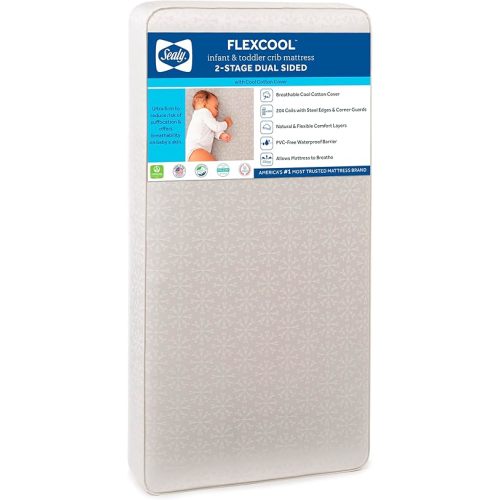 Sealy Baby Flex Cool Breathable 2 Stage Waterproof Crib Mattress plus Toddler Bed Fit, Airy Cotton Cover, 204 Premium Coils, GREENGUARD Gold Certified, Safety & Quality Tested, Made in USA, 52"X28"