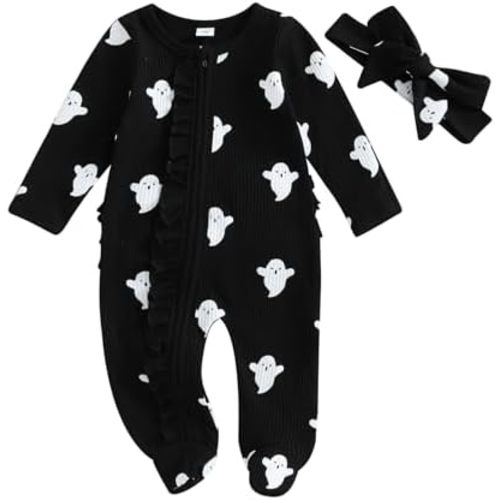 Newborn Halloween Baby Girl Outfit Spooky Long Sleeve Onesie Boo Romper Jumpsuit Infant Clothes
