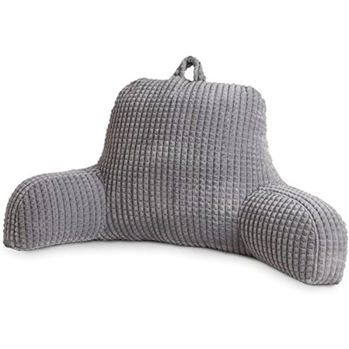 A Nice Night Reading Pillow Bed Wedge Large Adult Children Backrest with Arms Back Support for Sitting Up in Bed/Couch for Lounging Bedrest,Waffle Stereoscopic Design,Grey