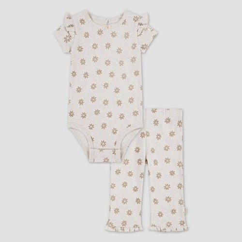 Huggies Baby Girls' Floral Short Sleeve Bodysuit & Pants Set - Tan 3M: Organic Cotton Knit, Crotch Snap, Pull-On Pants, Machine Washable