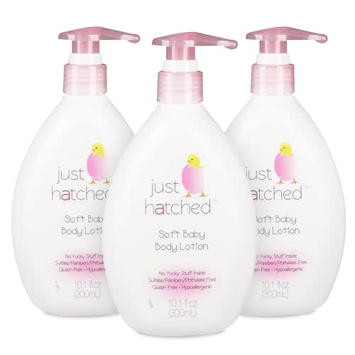 Just Hatched Soft Baby Body Lotion Multi-Pack - Lightweight, Soothing Moisturizer, Cozy Yummy Fragrance, Made with Essential Oils, No Yucky Stuff & Harsh Ingredients, 10.1 fl oz (3 Pack)