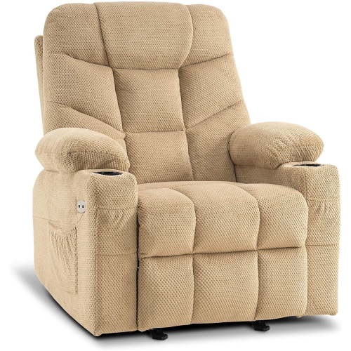 Manual Glider Rocker Recliner Chair for Nursery, USB Ports, Cup Holders, Fabric 8002(Beige)