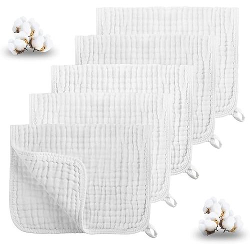 BELIZ Muslin Burp Cloths for Baby - 100% Organic Cotton Baby Washcloths - Cloth Diapers - 6 Layers Large 20" X 10" Extra Absorbent Soft Unisex - Boy and Girl (White 5 Pack)