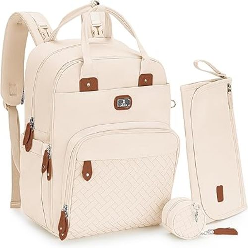 Dikaslon Diaper Bag Backpack with Changing Pad, Pacifier Case and Stroller Straps, Large Unisex Baby Bags for Boys Girls (Off White)
