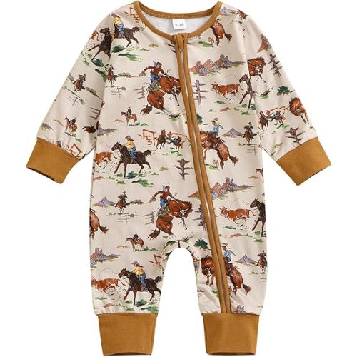Western Romper Baby Boy Girl Jumpsuit Horse Print Long Sleeve Front Zipper Newborn Cowboy Cowgirl Casual Bodysuit