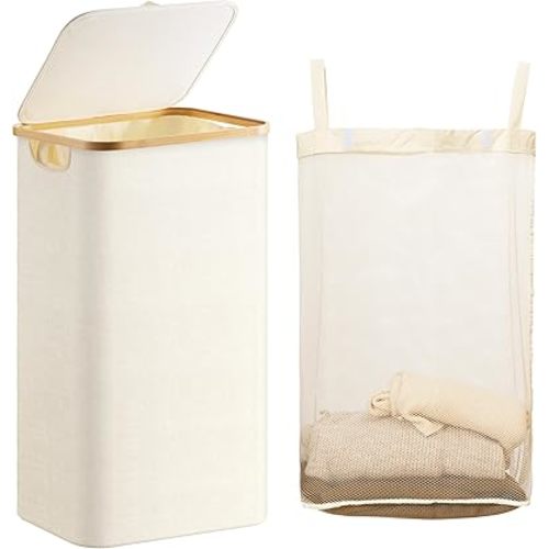 Laundry Hamper with Lid, 100L Large Laundry Basket with Bamboo Handles and Removable Inner Bag, Collapsible Dirty Clothes Hamper Laundry Bin for Bathroom, Bedroom, Dorm Laundry Room(Beige)
