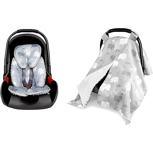 Baby Carseat Cover & Head Support, Gray Newborn Carseat Canopy with Peep Windows, Infant Car Seat Insert for Stroller, Bouncer, Swing
