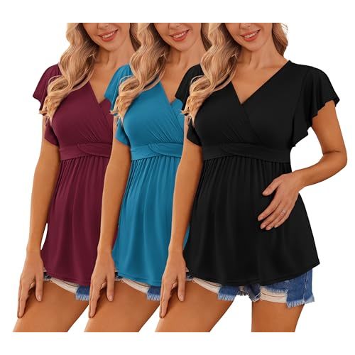 Ekouaer Maternity Shirts 3 Packs Flying Short Sleeve Nursing Tops Pregnancy Clothes