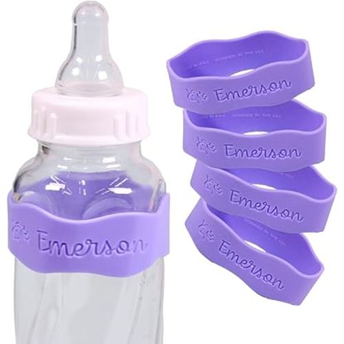 InchBug Orbit Labels - Baby Bottle Name Labels for Daycare, Sippy Cup Bands - Engraved Silicone, Reusable, Dishwasher Safe, Matching Color Personalization, 4-Pack (Lavender Gelato)