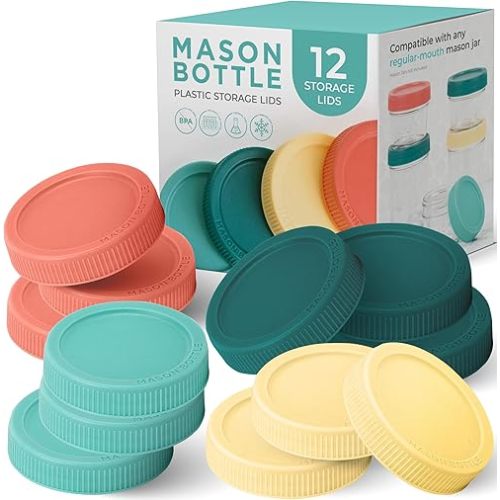 Mason Bottle Plastic Lids for Mason Jars (12-Pack) - Fits Any Regular Mouth Mason Bottle - Plastic Mason Jar Lids w/Silicone Inner Seal - Rust-Proof Replacement Jar Lids (Jars NOT Included)
