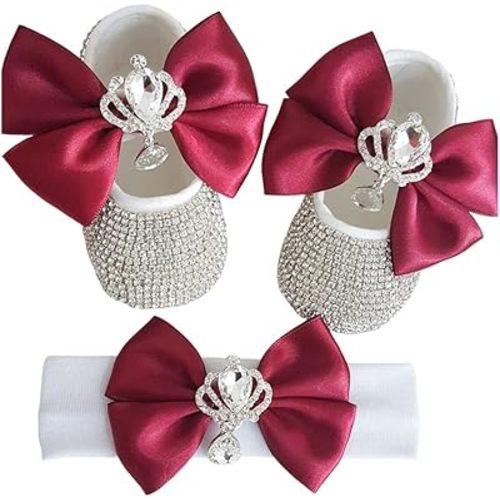 Baby Photography Props Girl, 1 Pair of Crystal Diamond Princess Shoes and Headband Set for Infant 0-6, 6-12, 12-18 Months