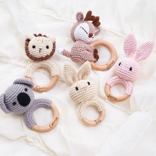 Crochet Toy Rattle for Babies, Baby Shower Gifts, Custom Wooden Baby Rattle, Custom Wooden Baby Rattle, Newborn Gift, Gift for Nephew Niece