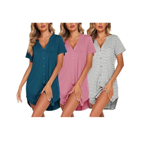 Ekouaer 3 Pcak Nightgowns Women Button Down Sleep Shirts V Neck Night Shirts Night Gowns