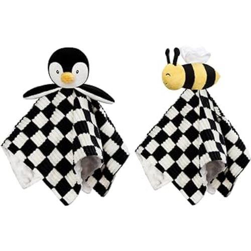 2 Pack Baby Lovey Blanket for Boys Girls Super Soft Checkerboard Gingham with Minky Dot Fabric Backing Stuffed Animal Lovely Snuggle Toy Black 14Inch