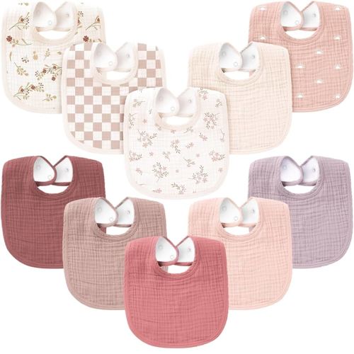 Konssy 10-Pack Muslin Baby Bibs, Soft Cotton Bandana Bibs for Drooling & Teething, Unisex Solid Colors for Boys & Girls, Newborn & Infant