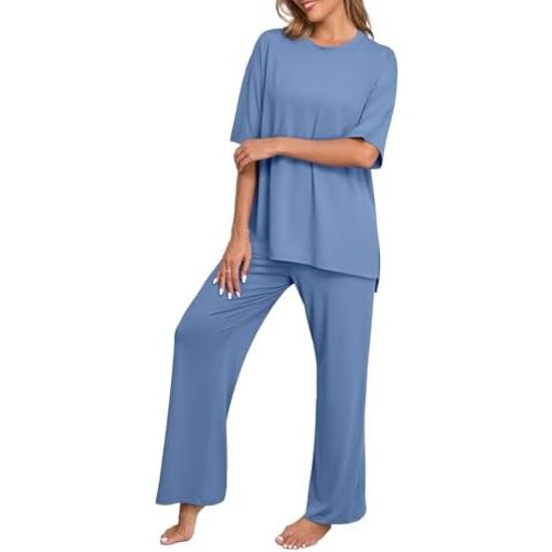 PrinStory Womens Pajamas Sets 2 Piece Lounge Set Short Sleeve Tops and Long Pants Soft Pjs Loungewear with Pockets