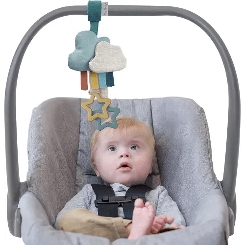 Itzy Ritzy Jingle Travel Toy for Stroller, Car Seat or Activity Gym - Baby Hanging Toy Features Jingle Sound, Clinking Rings & Adjustable Attachment Loop (Cloud)