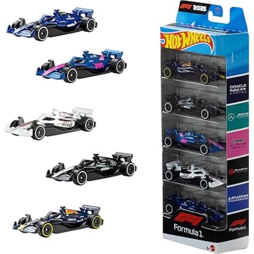 Hot Wheels 1:64 Scale 5-Pack Formula 1 Die-Cast Toy Cars, Set of 5 Officially Licensed, Collectible F1 Race Cars for Play or Display