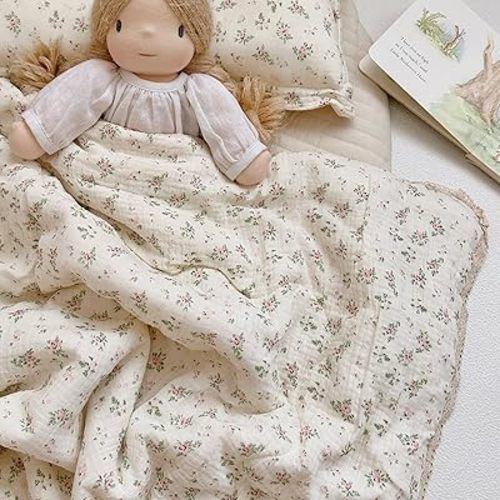 BuLuTu Muslin Cotton Kids Comforter with Lace Edge, Chic Shabby Floral Print Toddler Quilts, Soft Lightweight Baby Crib Quilted Blanket, Pomegranate Pattern, 47"x59", All Seasons