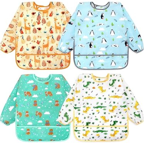 Accmor 4 Pack Long Sleeve Baby Bibs, Waterproof Sleeved Bib, Toddler Soft Bib for 6-36 Months