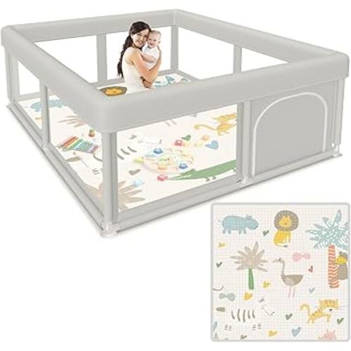 Baby Playpen 50x50 Inch Baby Playpen with Mat, Play Pen for Babies and Toddlers, Playard with Gate, Sturdy Safety Fence, Indoor & Outdoor Kids Activity Center
