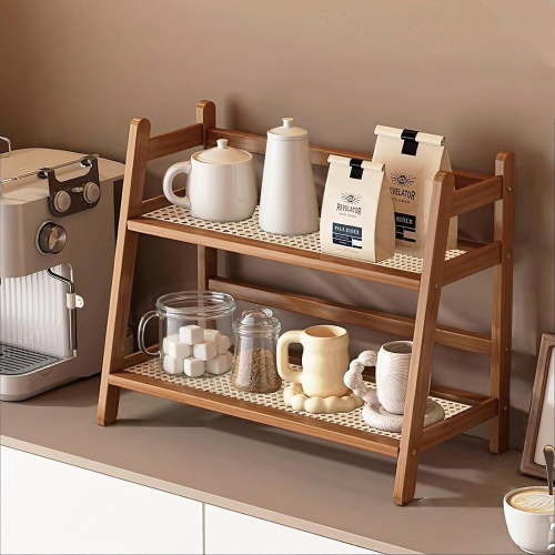 Wicker-Look Coffee Station Organizer, 2 Tier Bamboo Mug Holder Countertop, Condiment Storage Rack, Dark Brown