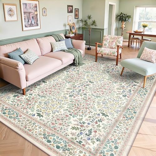 6x9 Area Rugs, Machine Washable Low Pile Floral Rugs for Living Room, Bedroom, Large Boho Area Rug with Non-Slip Backing for Dining Room(Pink Floral)