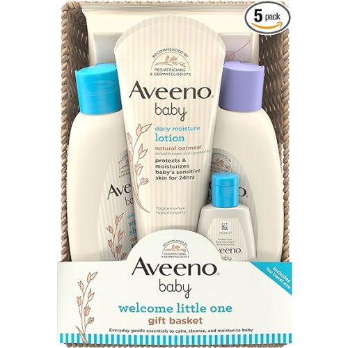 Aveeno Baby Welcome Little One Gift Basket, Baby Skincare Set with Baby Body Wash & Shampoo, Calming Bath Wash, All Over Baby Wipes, & Daily Moisturizing Lotion, 5 Items