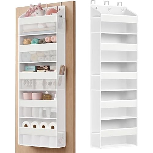 SONGMICS Over-the-Door Organizer, 5-Tier Door Hanging Storage Shelf, Heavy-Duty Closet Hanging Organizer Foldable, Transparent, Pockets, Metal Hooks, Cloud White URDH010WH01